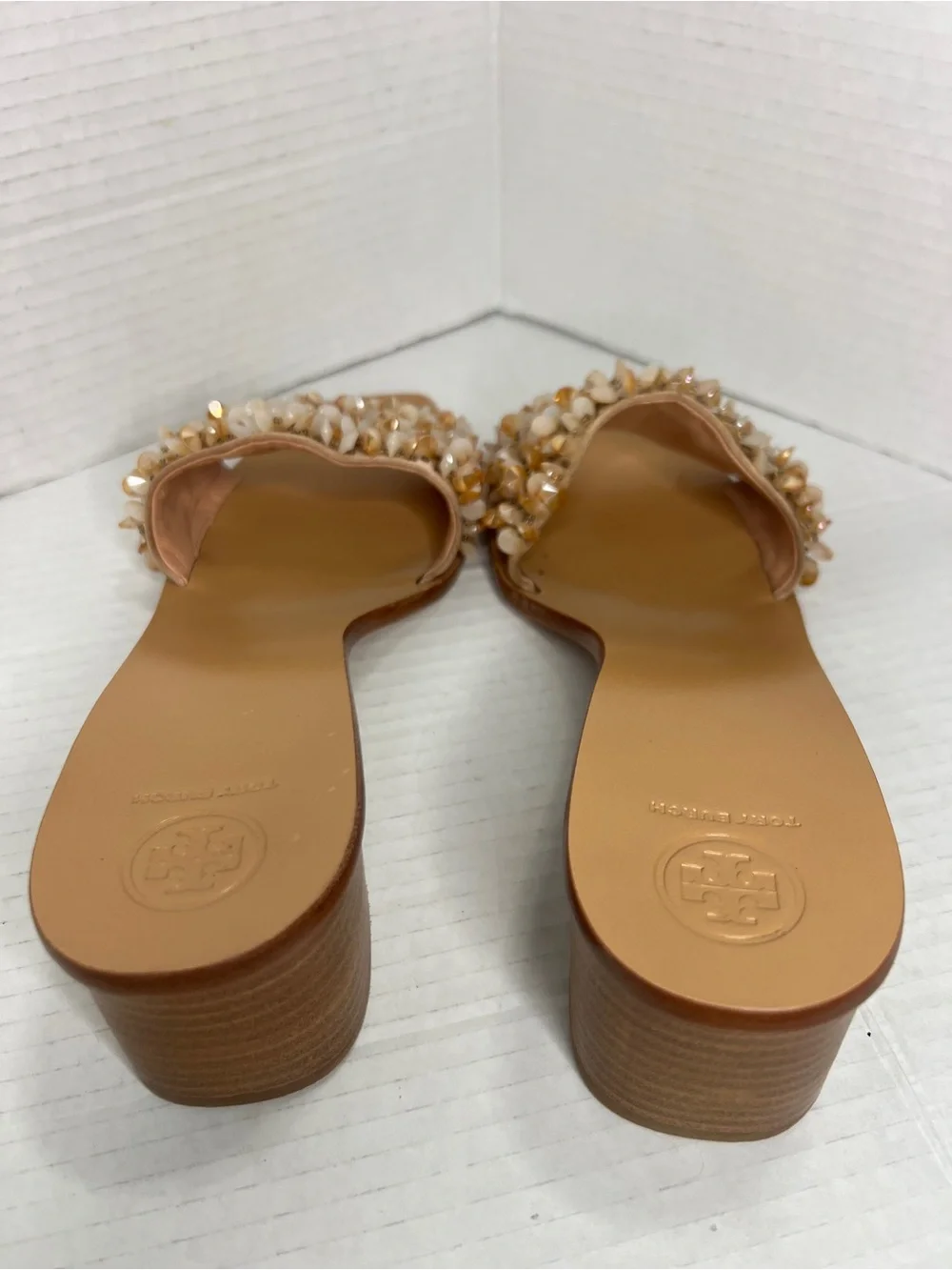 Tory Burch Beaded Rose/Neutral Tan Slide Mules Sandals